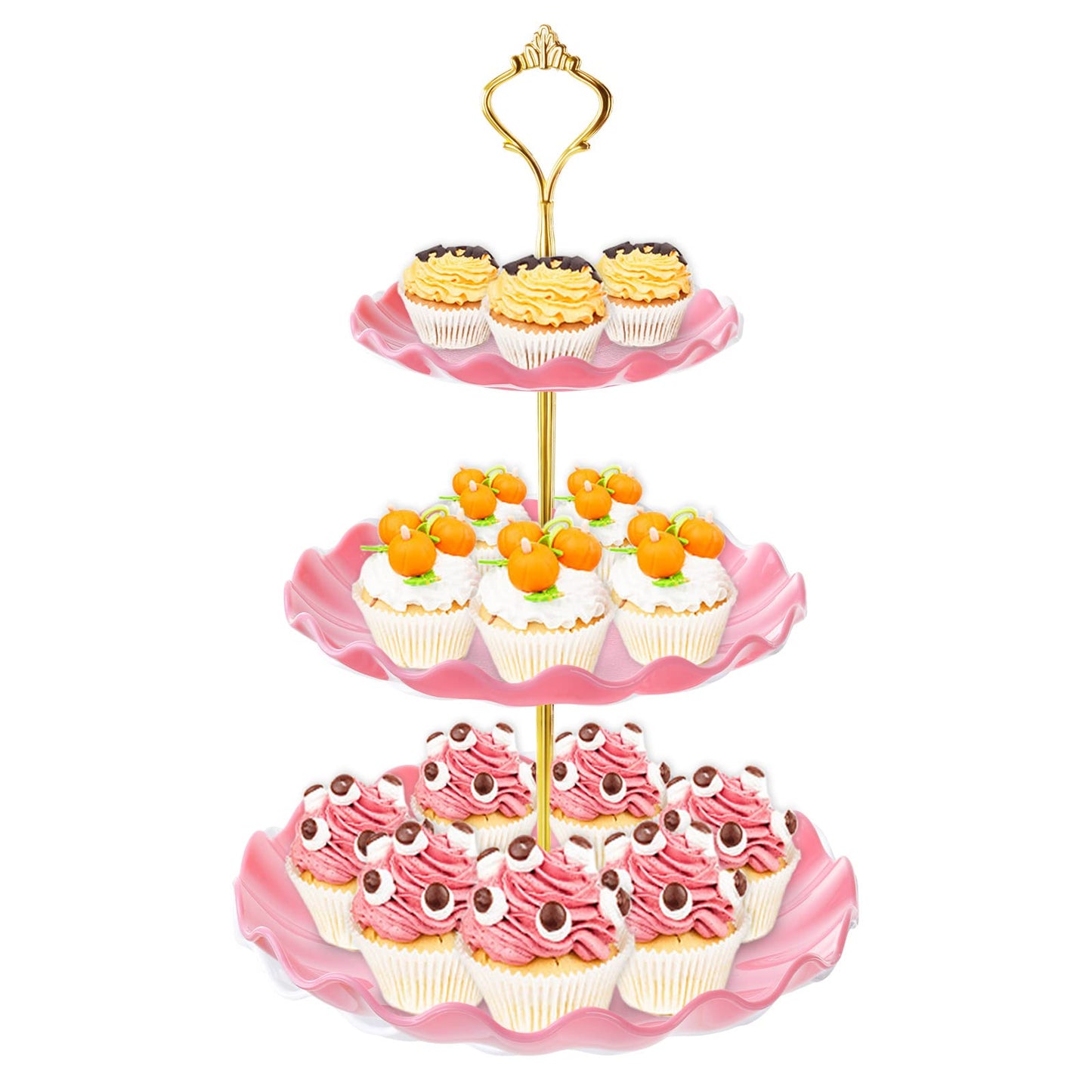 3 Tier Cupcake Stand Holder, BACUTHY Plastic Cup Cake Stand Tower with Tiered Serving Tray for Cupcakes, Donuts, Fruits and More, Pink