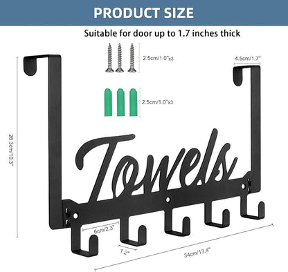 Azmoncy Over The Door Hooks, Towel Rack Towel Hooks for Bathroom, Towel Holder for Hanging Heavy Duty, Door Rack Over Door Hanger with 5 Coat Hooks for Bedroom Bathroom Kitchen, Black