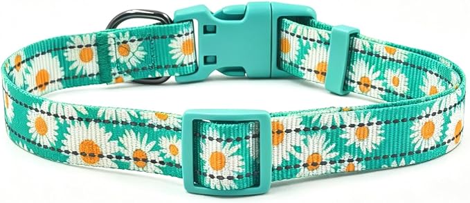 Dog Collar Leash Set, Floral Pattern, with Safety Reflective Strips, 5 ft Matching Leash, Neoprene Padded Handle, Adjustable 4 Sizes for Small Medium Large Dogs.(XS, Green Daisy)