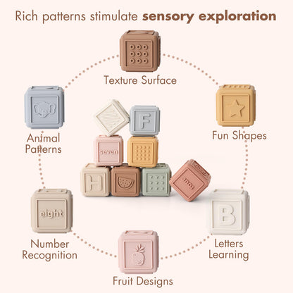 YIVEKO Baby Blocks Stacking for Babies Silicone Soft Building Blocks Teethers Montessori Toys for Babies Education Toys for Toddler Baby 8 PCS-Gentle