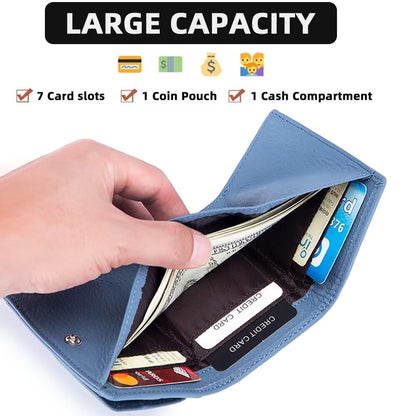 Mudono Small Wallet for Women Genuine Leather RFID Blocking Card Holder Minimalist Tri-fold Cash Wallet with Snap Coin Pouch
