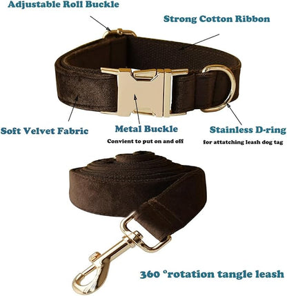 Love Dream Velvet Dog Collar and Leash Set, Soft & Comfy Adjustable Dog Leash and Collar with Heavy Duty Metal Buckle for Small Medium Large Dogs Training & Walking (Large, Brown)