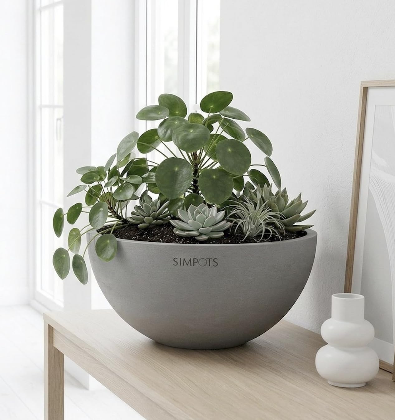 ONE ART Luxury Planters Hand-Finished Modern Design Durable Frost-Proof Indoor & Outdoor Use, Ideal for Desk, Garden, Conference Room, Office, Patio (Gray)