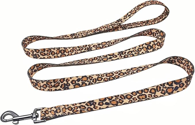 Dog Collar Leash Set, Leopard Pattern, Polyester Material, Adjustable Collar and 5ft Matching Leash, for Medium Dogs.(M, Brown Leopard)