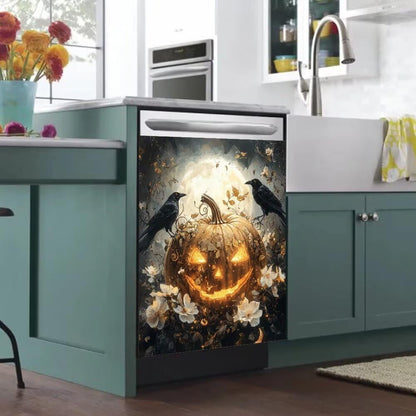 White Flower Sticker Dishwasher Cover, Magnet Halloween Fridge Magnet, Halloween Pumpkin Vinyl Panel Decal, Pumpkin Kitchen Decor, Home Appliance Magnet 23" x 26" Magnetic