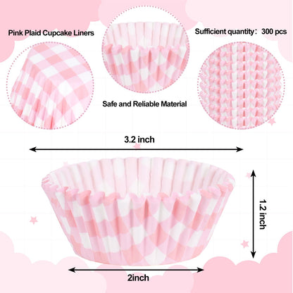 Whaline 300 Pcs Pink Plaid Cupcake Liner Paper Pink Checkered Muffin Liner Baking Cups 2 x 1.2 Inch Cute Cupcake Wrappers for Baby Bridal Shower Wedding Birthday Party Supplies