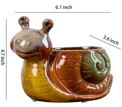 Ruoxian Cute Animal Shaped Planter Flower Pot Frog Shape Small Succulent pots with Drainage Ceramic Animal Planter (Snail)