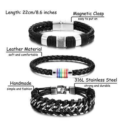 BOMAIL 10Pcs Black Leather Bracelets for Men Women Braided Leather Wristband Cuff Bracelets Punk Leather Bracelets Set