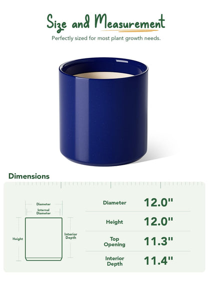 LE TAUCI 12 Inch Pot for Plants, Ceramic Planters for Indoor Plants, Mid-Century Modern Cylinder Flower Pots with Drainage Hole, Fits Fiddle Leaf Fig & Monstera, Home Decor, Midnight Blue