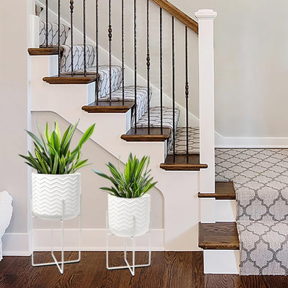 TRIROCKS Set of 2 Planters with Stand Indoor Otdoor Metal Plant Stand 18&12" Tall Modern Planters Flower Pots for Living Room Corner Kitchen Office Garden Balcony Patio Decor(White)