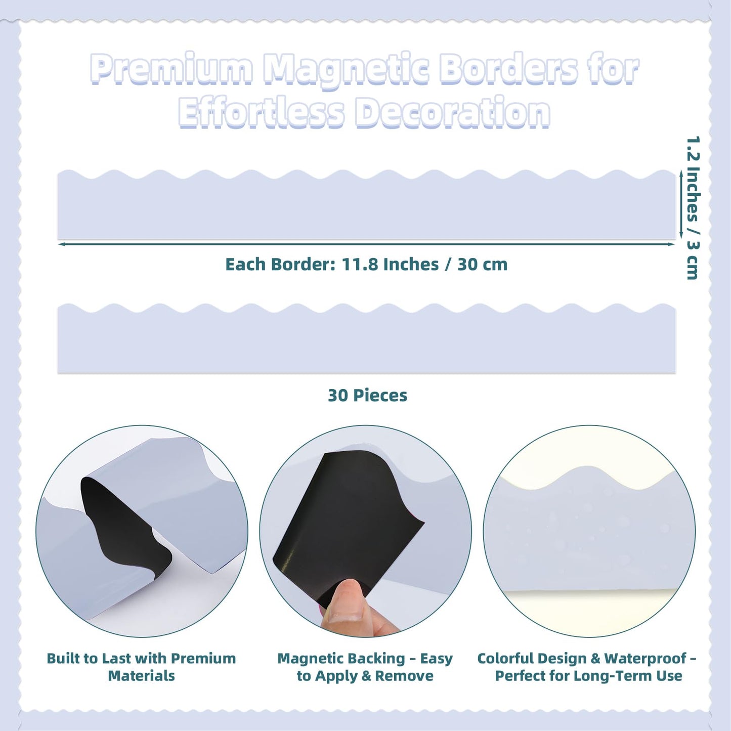 30 Pcs Magnetic Borders for Classroom Whiteboard - Light Blue Magnetic Bulletin Board Border Set - Scalloped Chalkboard Border Strips for Teachers, Parents, DIY Home,School & Office Decoration
