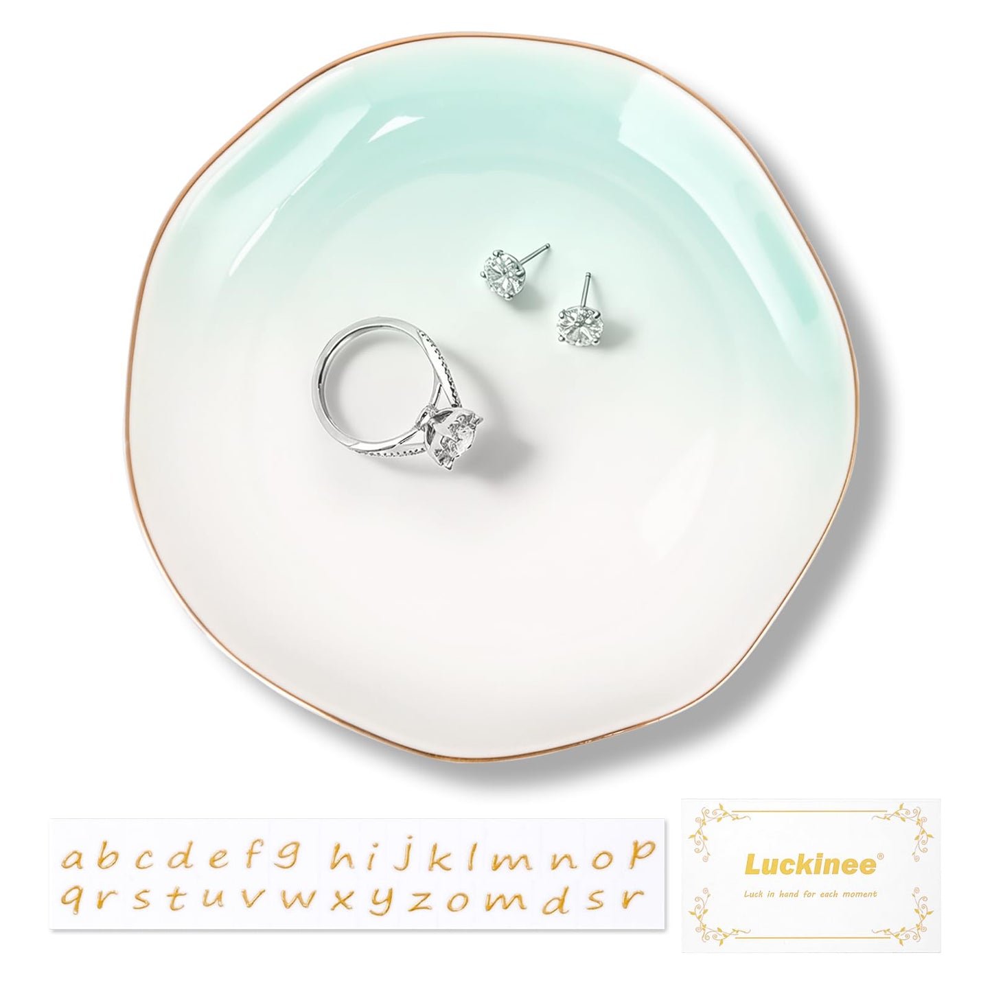 LUCKINEE - Ceramic Jewelry Tray Personalized Ring Dish Trinket Dish Gifts for Women,Birthday Gifts for Mom,Sisters and Friends, with 1pc Gold Puffy Letter Sticker A-Z and 1pc Greeting Card