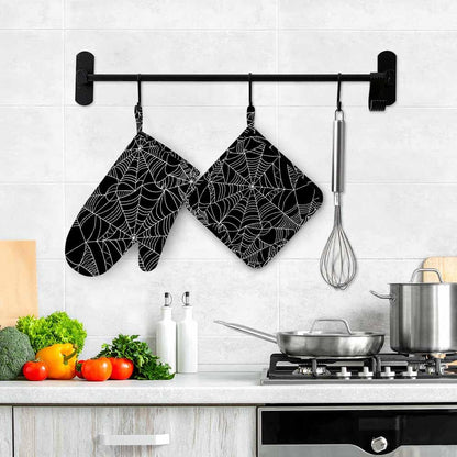 Mxocom Black and White Halloween Spider Web Oven Mitts and Pot Holders Sets Silicone Heat Resistant Kitchen Oven Gloves Pot Holder for Cooking