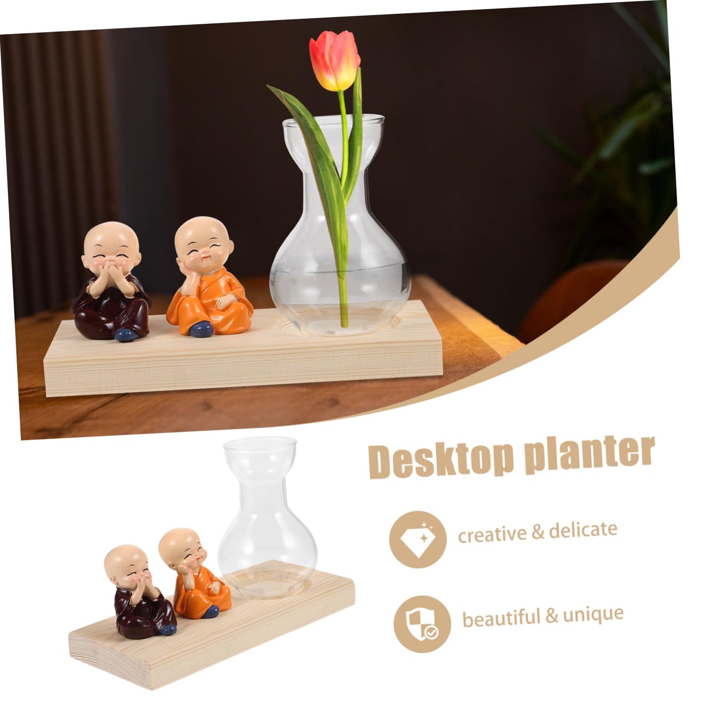 SEWOART Hydroponic Glass Vase with Natural Wood Base for Terrarium Plants Elegant Desktop Decoration for Home Office and Living Spaces
