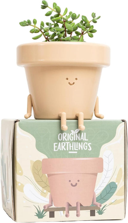 Original Earthlings Sitting Small Plant Pot - 4 Inch Cute Plant Pot - Succulent & Cactus Christmas Planters, Removable Drainage Plug, Cute Decor Plant Gifts for Plant Lovers, Teacher Gifts
