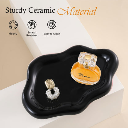 CCINPPY Ceramic Jewelry Tray Trinket Dish, Decorative Cloud Vanity Key Tray for Women, Ring Holder Dish, Cute Jewelry Plate Bowl Room Decor Aesthetic, Black, Medium