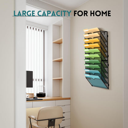 SUPEASY 10 Tier Wall File Organizer, Hanging Wall Mounted Mail Organizer with Label Slots, Metal Mesh File Holder Magazine Rack for Office, Home, School or Classroom, Black
