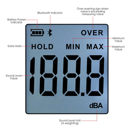 Decibel Meter Bluetooth, Portable Sound Level Meter with Data Logging, Can Fit with Smartphone App Recording, 30 to 130dBA Noise Decibel Meter SPL Meter w/Data Hold MAX MIN Alarm Backlit LCD Display