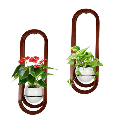 JOJOCY Wall-Mounted Modern Oval Wooden Vase 2PCS, Oval Hanging Plant Stand with Ceramic Pots for Indoor Living Room Bedroom Decor (Walnut Wood)