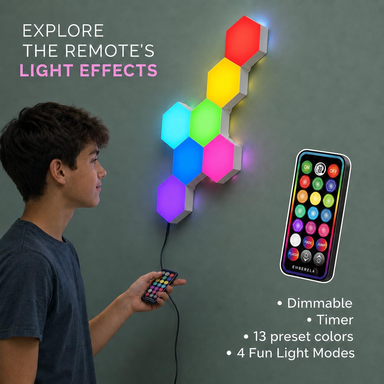 Emberela HEXlights Sensory Lights for Teens - 7pk Touch Hexagon Lights, Remote Controlled - Autism-Friendly Tap Tap Wall LED Panels for Sensory Room - Table Stand Included