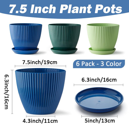 RooTrimmer Plastic Plant Pots, 6 Pack 7.5 Inch Flower Pots with Drainage Holes and Saucer, Planters for Indoor Outdoor Plants, Stylish Decor for Home and Garden(Blue, Green, Dark Green)