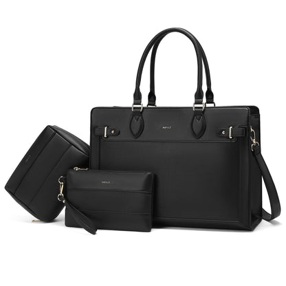 Keyli 3pc Sets Laptop Tote Bag for Women 15.6 Inch Work Bag Business Computer Briefcase Waterproof Leather Laptop Purses Casual Shoulder Handbag Messenger Bags for Travel Teacher Office Black