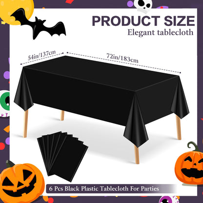 mwellewm 6 Pcs Black Plastic Tablecloth 54 x 72 Inch Disposable Table Cloths, Party Decorations Rectangle Plastic Cover Tablecloth for Graduation Picnic Home Decor Indoor or Outdoor Parties Birthday