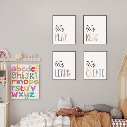 PLKMN Let's Play Read Wall Art Prints Decor Set of 4 - Play Room Essentials, Boho Neutral Let's Learn Let's Create