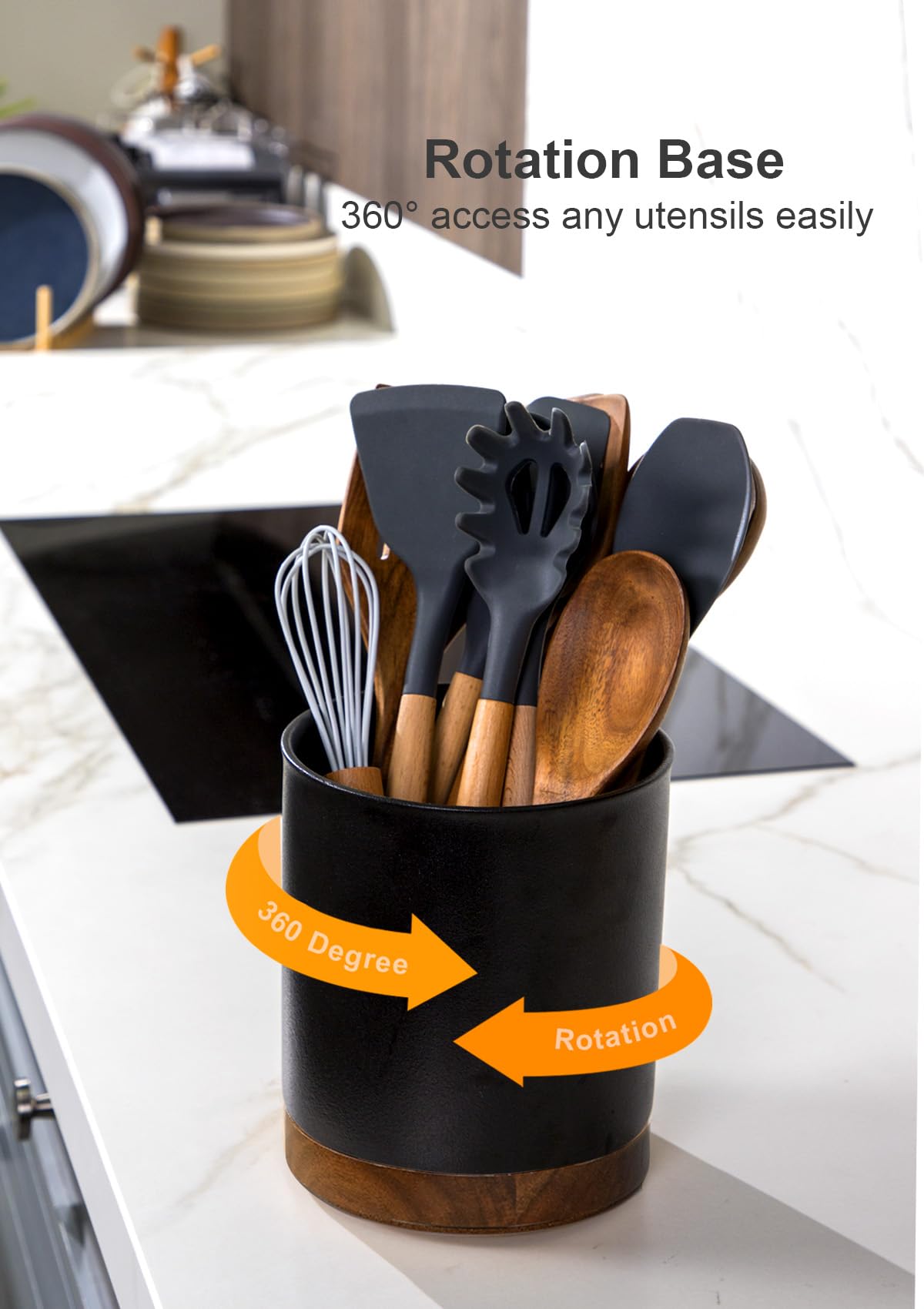 Nucookery 360°Rotating Utensil Holder, 7.2" Large Utensil Crock Countertop, Black Ceramic Cooking Utensil Organizer,Spatula Spoon Holder,Farmhouse Kitchen Decor Christmas Gift (Stone Black)