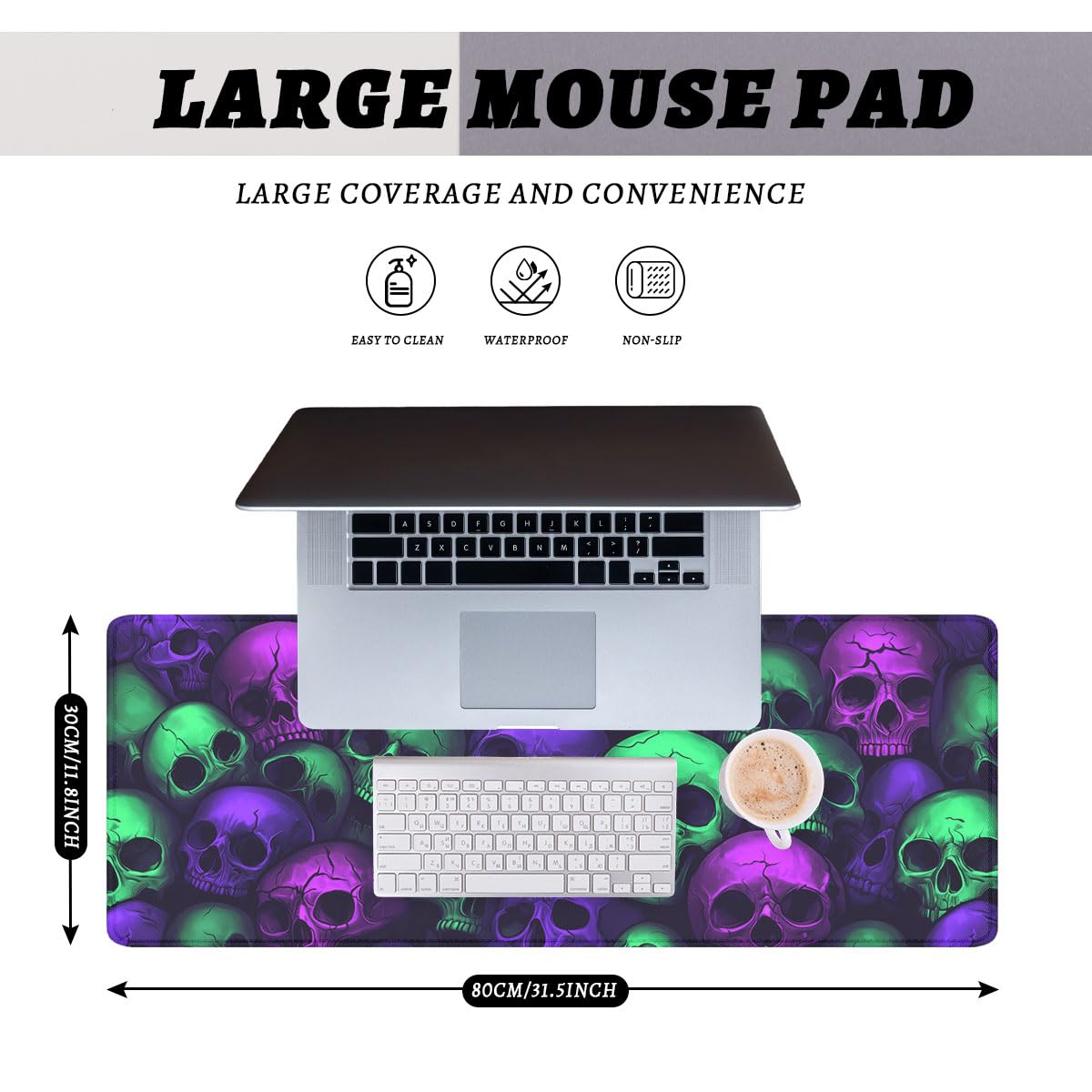 Neon Skull Gaming Mouse Pad Purple Green Gothic Halloween Skeleton Extended Keyboard Mouse Mat for Computer Office, Big Laptop Mouse pad, Gaming Pc 31.5x11.8 in
