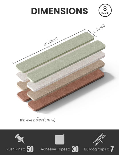 Fluxynara Cork Board Alternative Felt Strip Board 8-Pack 13"x2", Office Pin Board with 50 Push Pins, Adhesive Install for Bedroom Door & Home Office (Boho)
