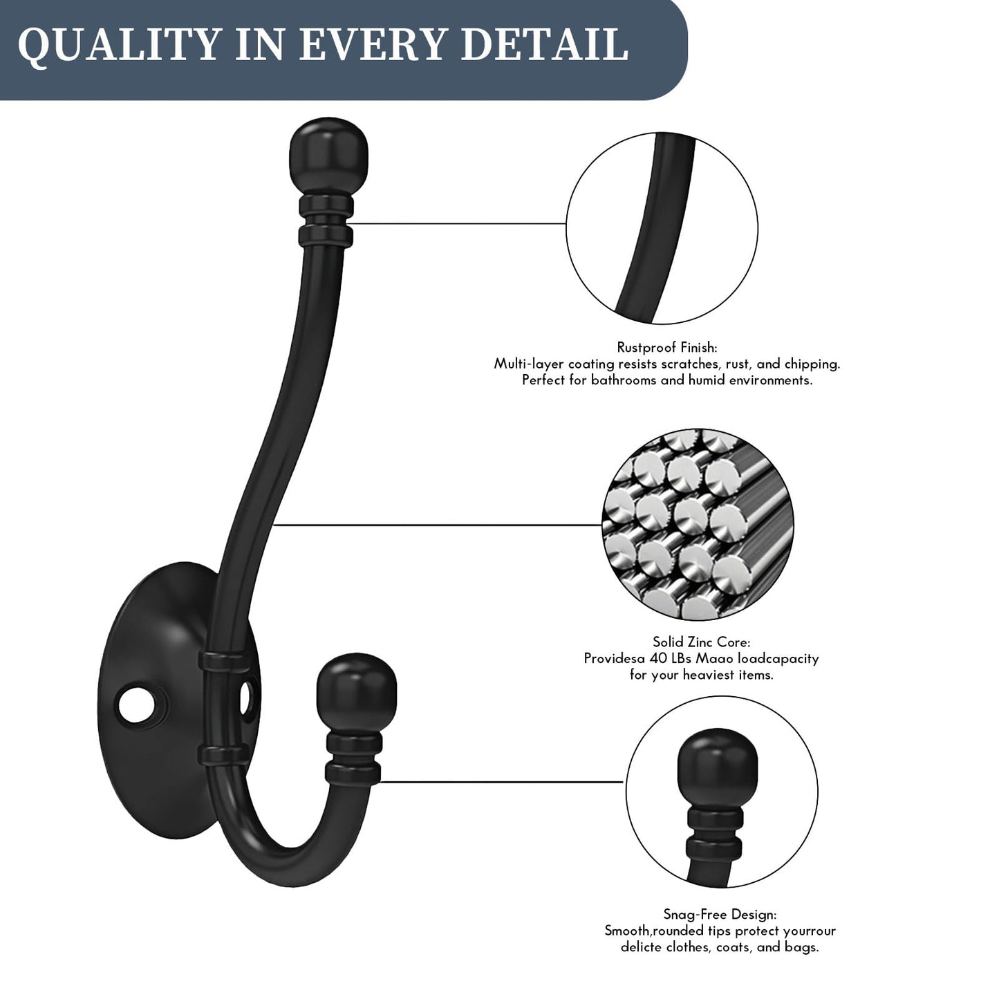 CBWLWJ 6 Pack Heavy Duty Wall Hooks for Hanging, Metal Coat Hooks Wall Mount, Easy to Install, Ideal for Living Room, Bathroom, Kitchen, Bedroom (Black)