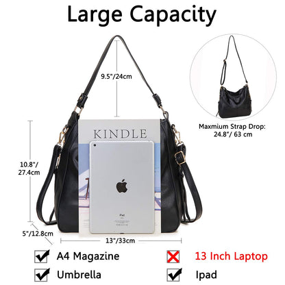 Hobo Bags for Women,VONXURY Faux Leather Tote Purse Ladies Handbag Large Shoulder Bags with Side Pockets for Work Travel,Black