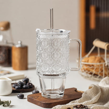 KEMORELA 24 Oz Ribbed Glass Tumblers with Lids and Straws, Tumbler Cup with Handle, Iced Coffee Glassware, Clear Reusable Drinkware for Smoothies and Beverages(1)