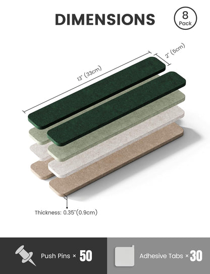 Fluxynara Cork Board Alternative Felt Strip Board 8-Pack 13"x2", Office Pin Board with 50 Push Pins, Adhesive Install for Bedroom Door & Home Office (Nordic Moss)