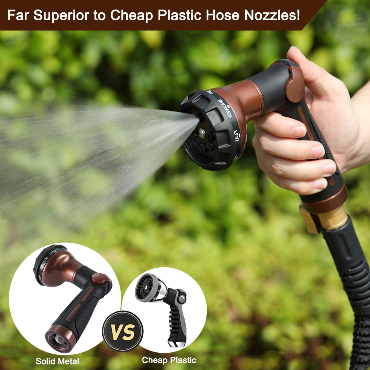 FANHAO Garden Hose Nozzle, 100% Heavy Duty Metal Water Hose Sprayer with 8 Spray Patterns, High Pressure Water Nozzle with Thumb Control, On Off Valve for Watering Plants, Washing Cars & Pets, Brown