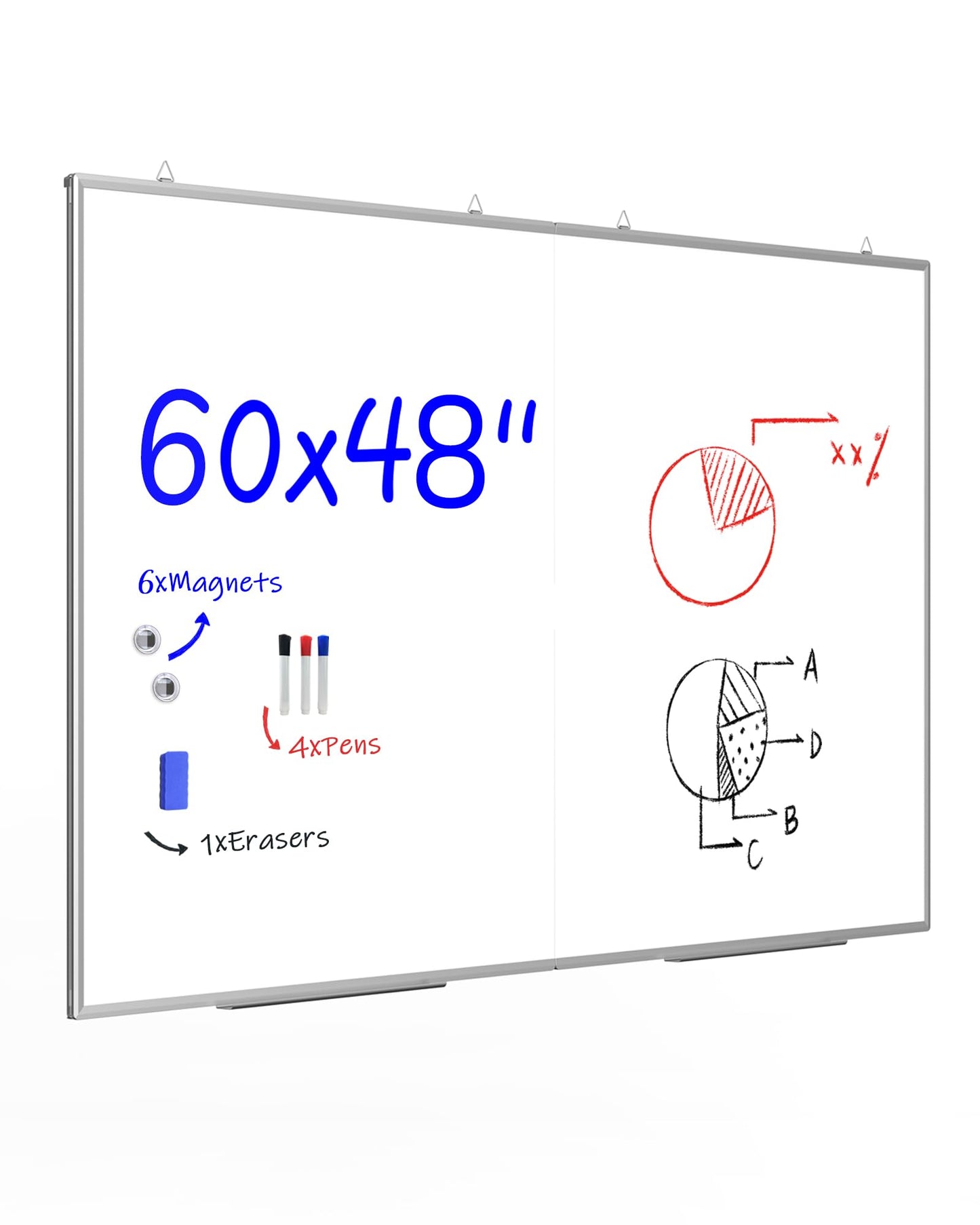 60"X 48" Large Magnetic Dry Erase Whiteboard, Wall Hanging Board with 4 Pens & 1 Dry Erasers & 6 Magnets, Sliver Aluminum Frame White