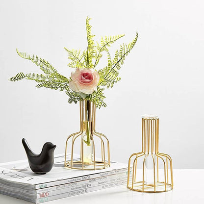 Ivymei 2 Pack Table Flower Vase,Gold Geometric Metal Frame Clear Glass Tube Bud Vase Hydroponic Plants,Gold Vase Decorative for Flower,Weddings,Centerpiece,Party,Home(Gold 8)