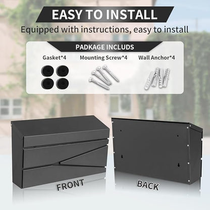 Ydocabinit Wall Mount Mailbox, Large Capacity Mailbox for House, Galvanized Steel Rust-Proof Metal Post Box Drop， Mailboxes for Outside, 15.74"×9.84"×4.33", Black Modern Sleek Style