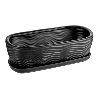MyGift 13.5 inch Succulent Planter Pot, Oval Modern Ceramic Plant Box Container with Wave Textured Pattern and Removable Saucer Drip Tray (Black)