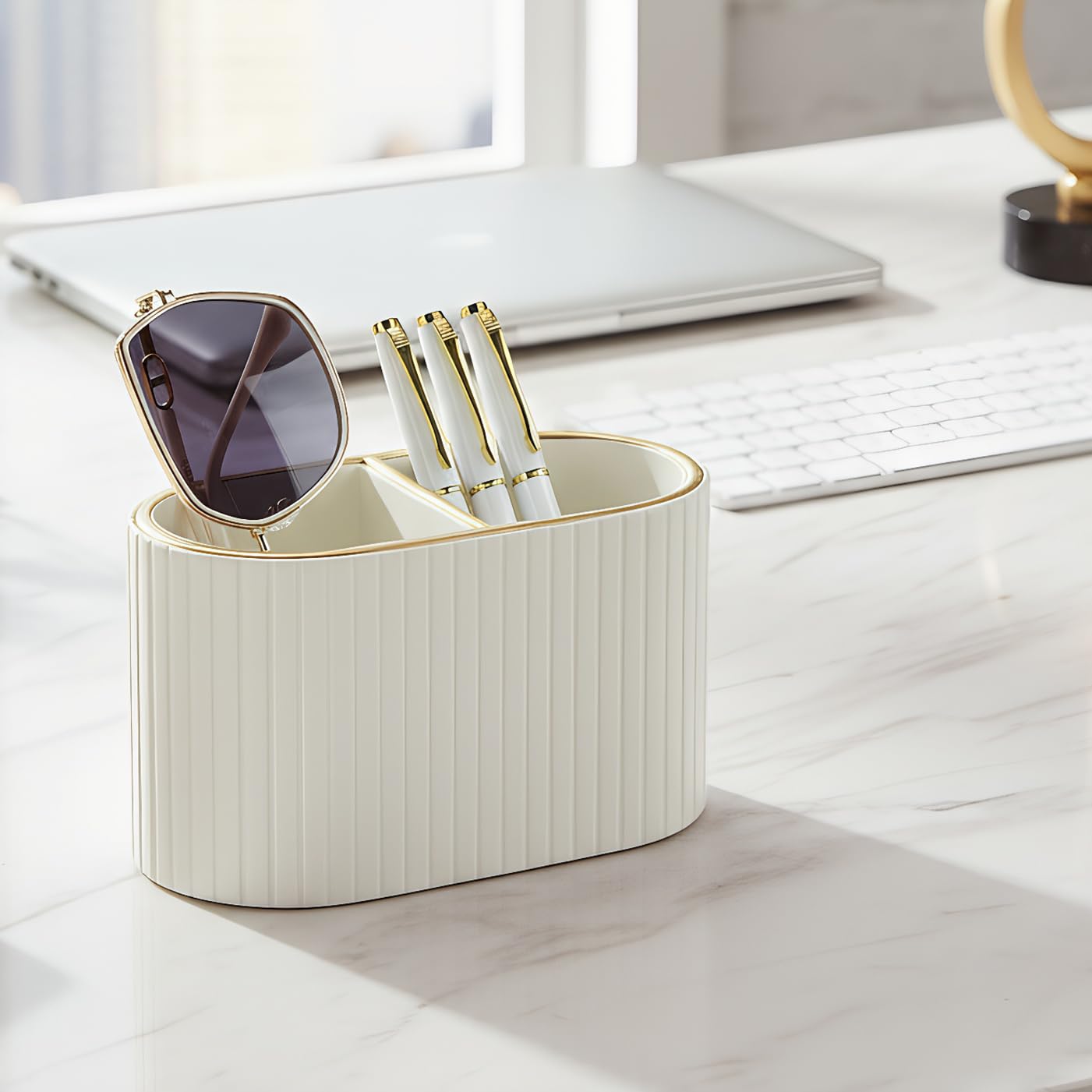 KINGFOM PU Leather Desk Organizer Pen Holder – Dual-Compartment Stylish Pencil Cup Remote Control Holder Desktop Supplies and Accessories Organizer Caddy for Office Home School (Light Beige)