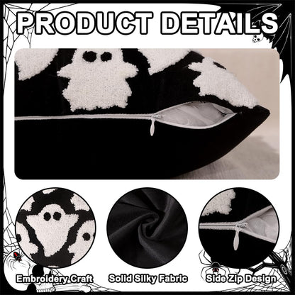 Heirloom Haven Halloween Ghosts Embroidered Throw Pillow Covers Set of 4,Polka Dot Spooky Boo Pillow Case Holiday Farmhouse Cushion Case Decoration for Sofa Couch 18 x 18 Inch