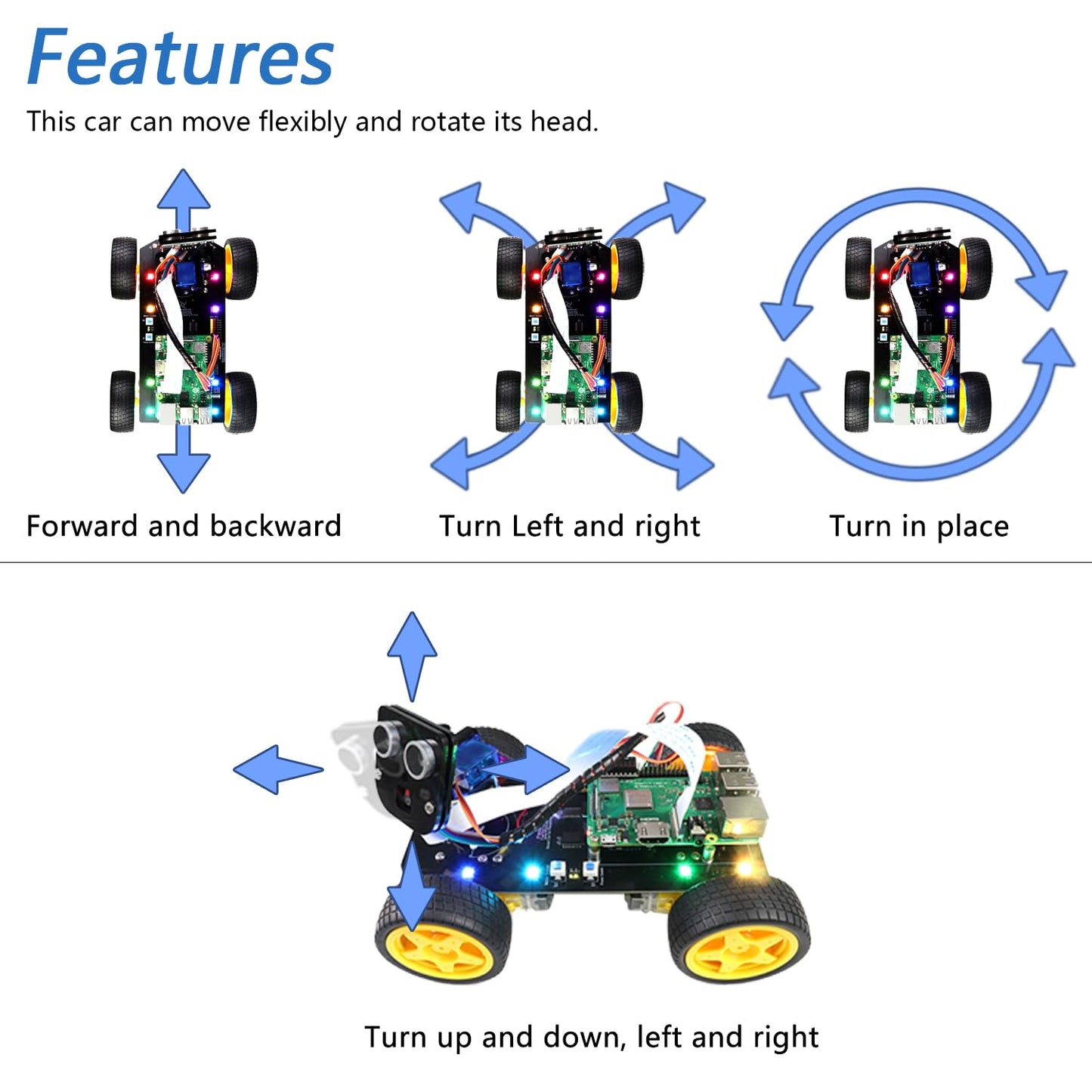 Freenove 4WD Smart Car Kit for Raspberry Pi 5 4 B 3 B+ Zero 2 W, Face Tracking, Line Tracking, Light Tracing, Obstacle Avoidance, App Control, Camera, Servo (Raspberry Pi NOT Included)