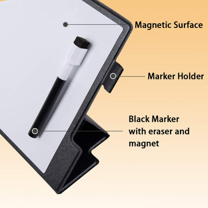 CRCHOM Small White Board 9" x 12" Portable Magnetic Desktop Dry Erase Board with Stand & PU Cover - A4 Notebook Whiteboard Easel for Office, Home, School (Black)