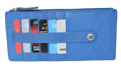 Leatherboss Genuine Leather Women's All in One Credit Business Card Case Holder Slim Zipper Wallet With a Card Protection Strap, Royal Blue