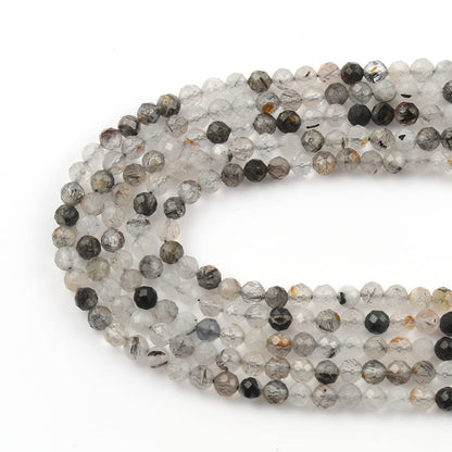 Song Xi 90pcs 4mm Natural Black Rutilated Quartz Gemstone Beads Faceted Round Loose Stone Beads for Jewelry Making