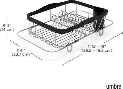 Umbra Sinkin Dish Drying Rack – Drainer with Cup Holders and Removable Cutlery Caddy – Use Over Sink, in Sink, or On Counter, Deluxe, Black/Nickel