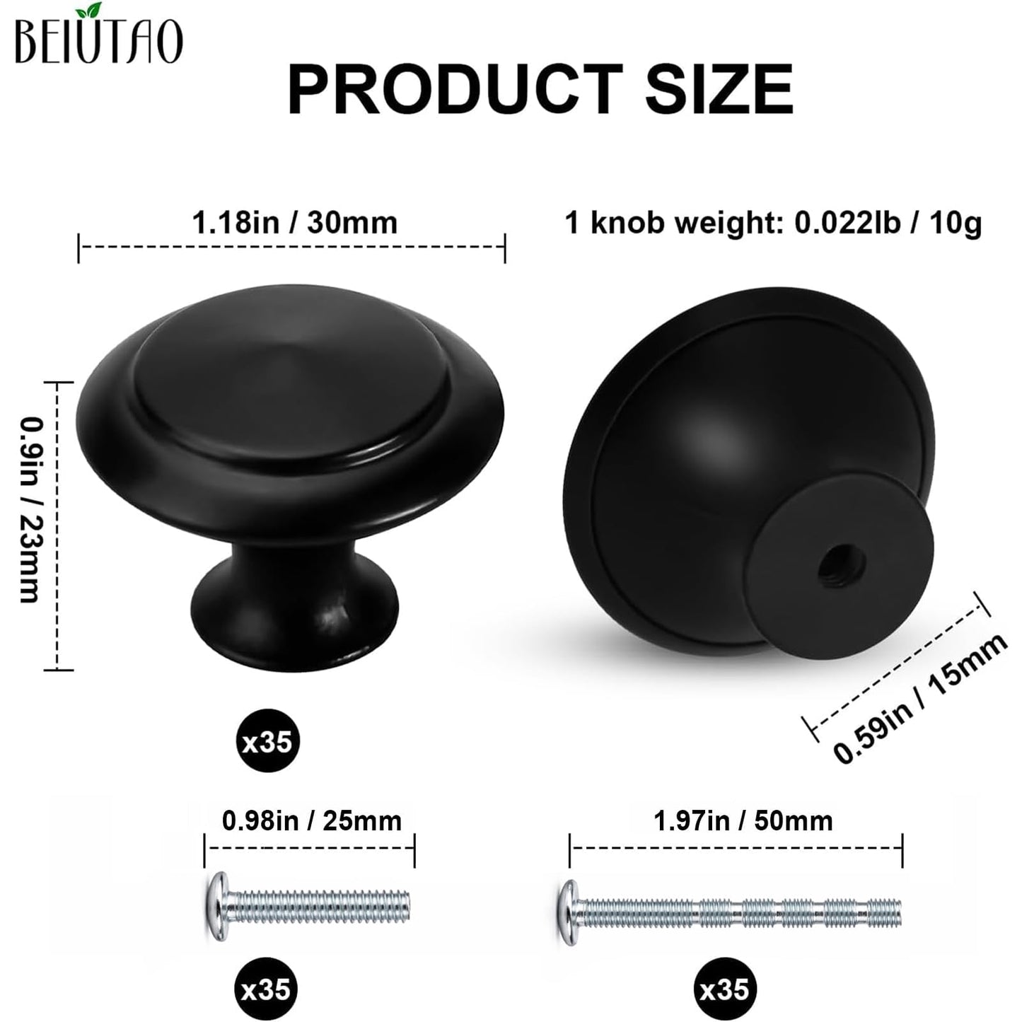 BEIUTAO 35 Pack Cabinet Knobs 1-1/4 Inch (30mm), Matte Black Round Drawer Knobs, Stainless Steel Top & Zinc Alloy Base Kitchen Cabinet Hardware for Dresser, Bathroom Cabinets (Screws Included)