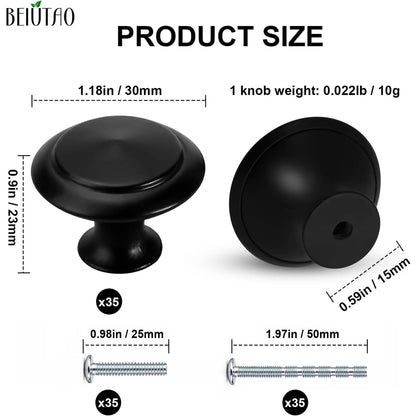 BEIUTAO 35 Pack Cabinet Knobs 1-1/4 Inch (30mm), Matte Black Round Drawer Knobs, Stainless Steel Top & Zinc Alloy Base Kitchen Cabinet Hardware for Dresser, Bathroom Cabinets (Screws Included)