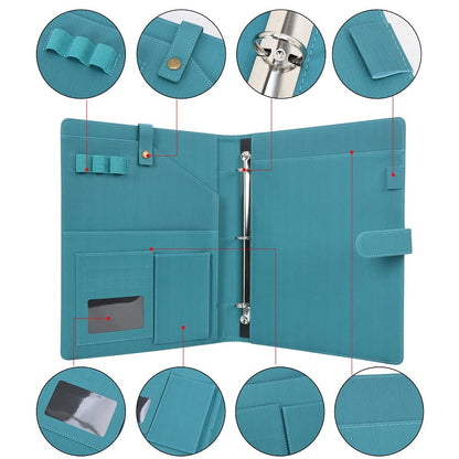 Wonderpool A4 PU Leather Portfolio Holder Ring File Document Case with Removable Binder Clipboard, Multi Pocket and Legal Pad for Business Organizer Interview and Meeting (Cyan)